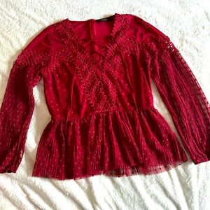 BKE Boutique Maroon Lace top with sheet shoulders and tie front size s